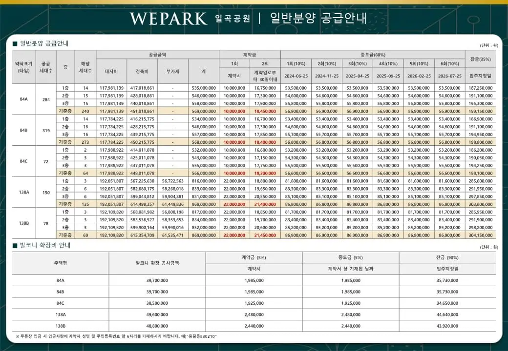 일곡공원 위파크 분양가 조건변경